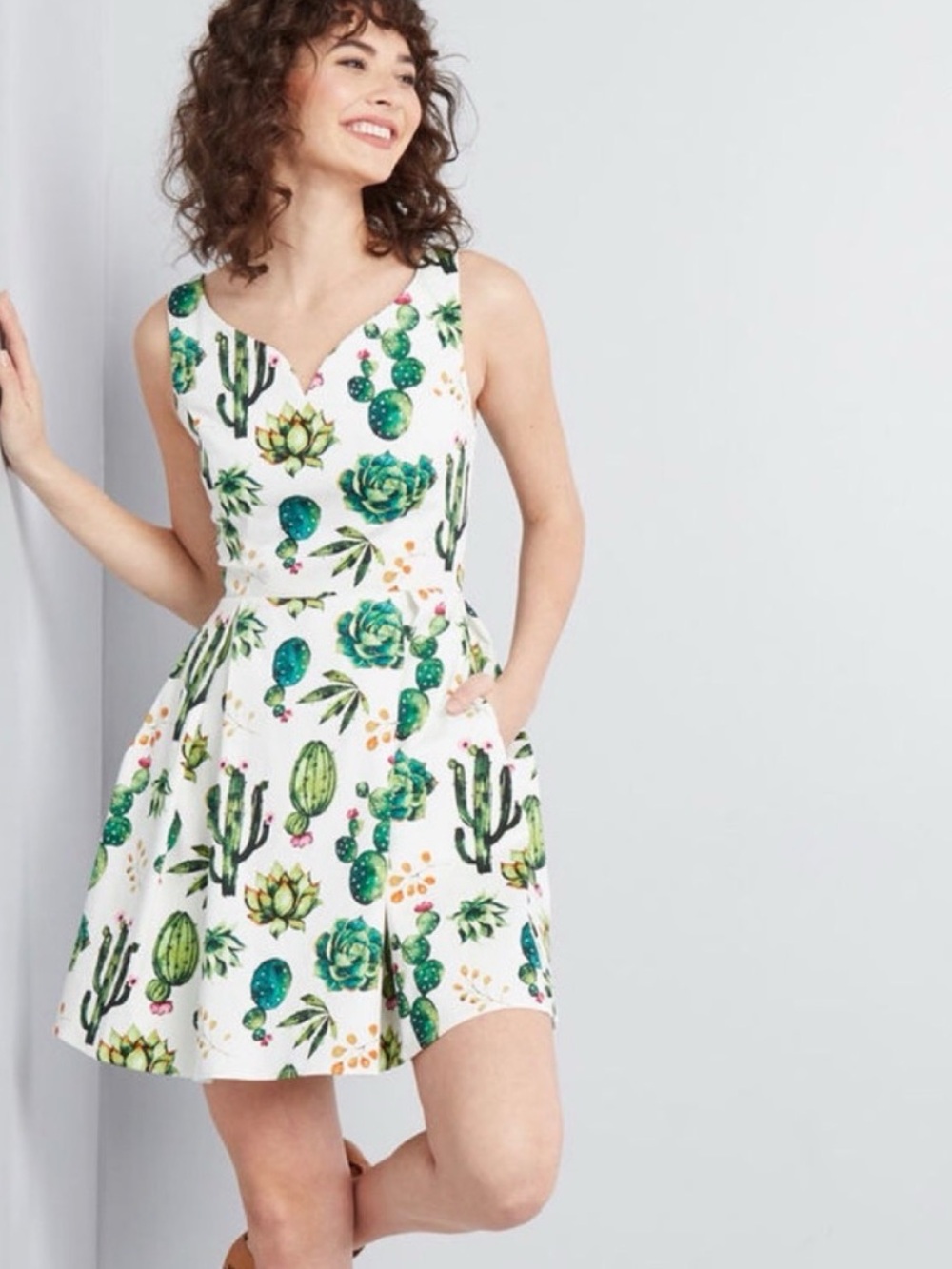 ModCloth - Ixia - White Cactus
Succulents Print Fit-and-Flare Dress with POCKETS - Picture 2 of 11